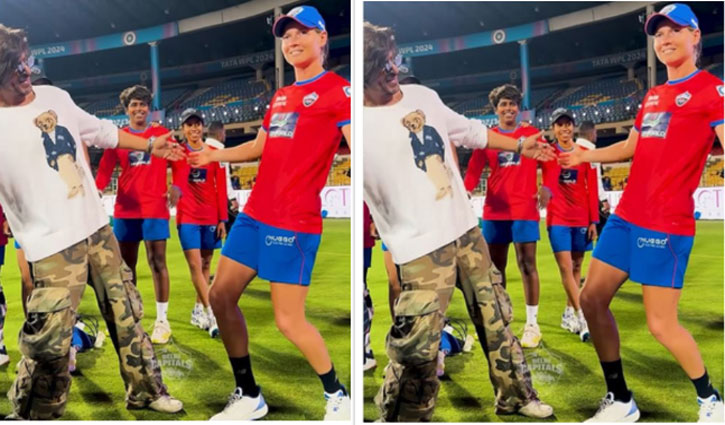 Shahrukh Khan strikes an iconic pose with Australian cricketer Meg Lanning at the opening ceremony of WPL