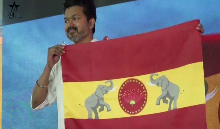 Tamil actor Thalapathy Vijay unveils the flag of Tamizhaga Vetri Kazhagam party